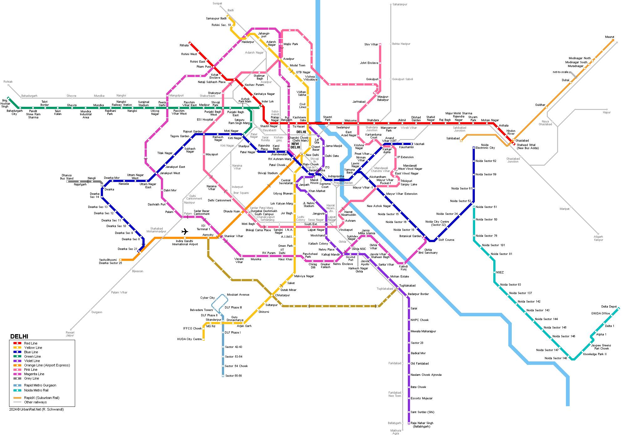 Delhi Metro Map © UrbanRail.Net