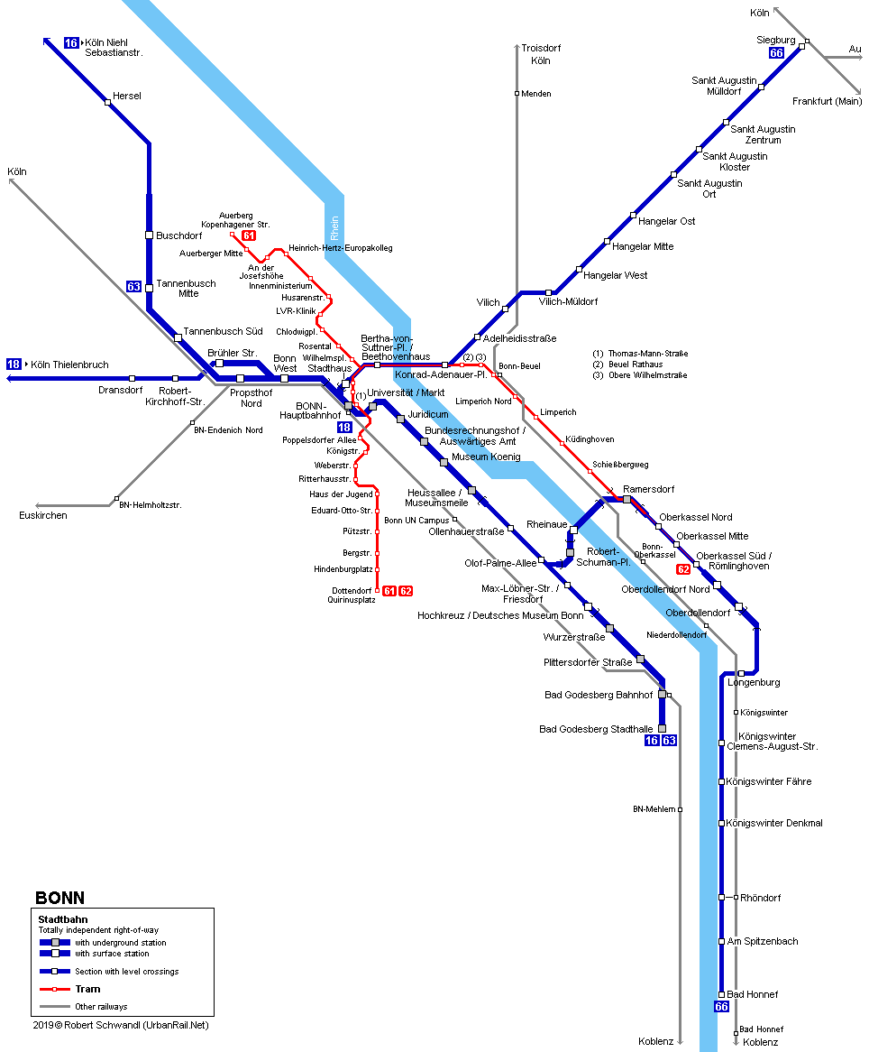 Bonn Stadtbahn Map 2008 © R. Schwandl (UrbanRail.Net)