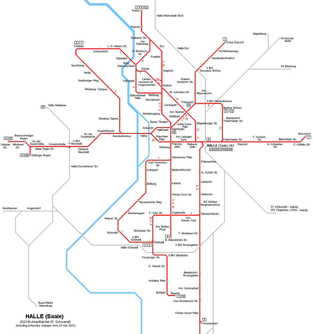 Halle (Saale) Tram Network Map © R. Schwandl