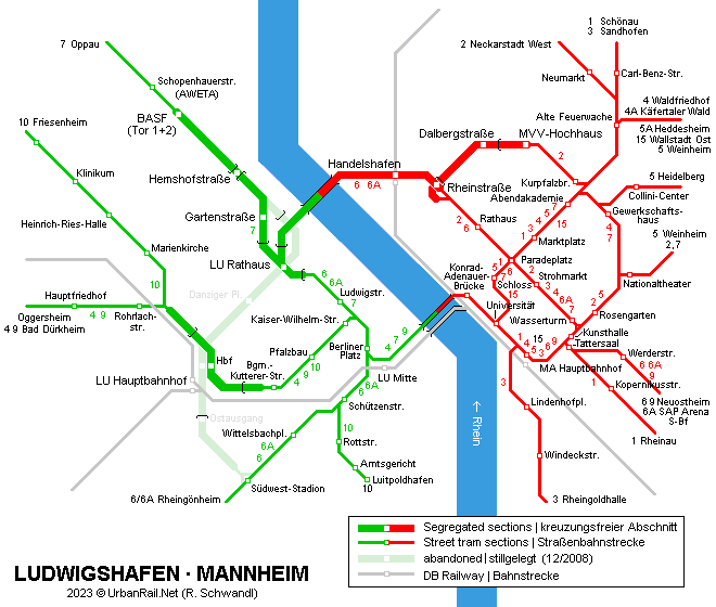 Ludwigshafen - Mannheim Stadtbahn map © UrbanRail.Net