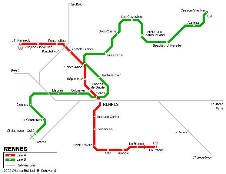 Rennes Metro Map © UrbanRail.Net