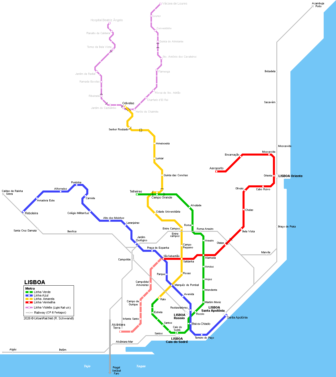 Lisbon metro map 2026&copy; UrbanRail.Net